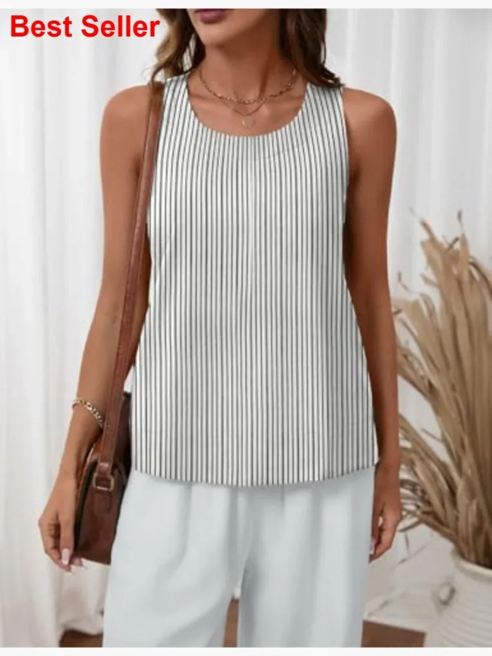 Cotton Linen Tank Top Sleeveless Crew Neck Summer Tops - Picture 4 of 7
